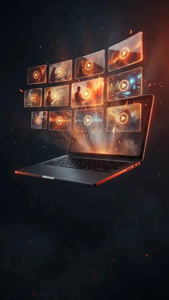 Laptop projetando miniaturas de videoaulas